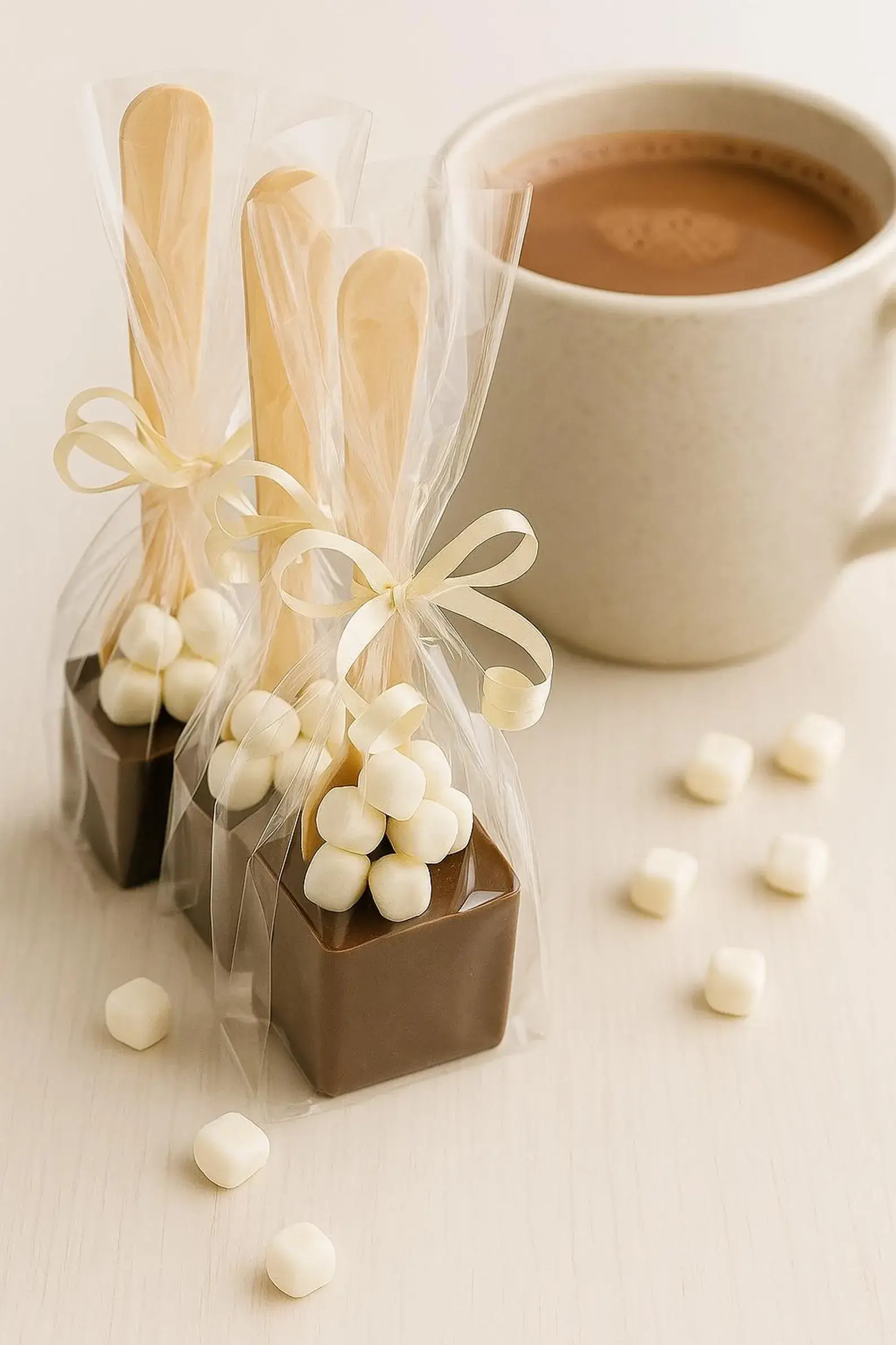 Cellophane-wrapped chocolate spoons topped with mini marshmallows and tied with cream ribbon, a sweet and cozy Christmas Eve Box idea for tweens.