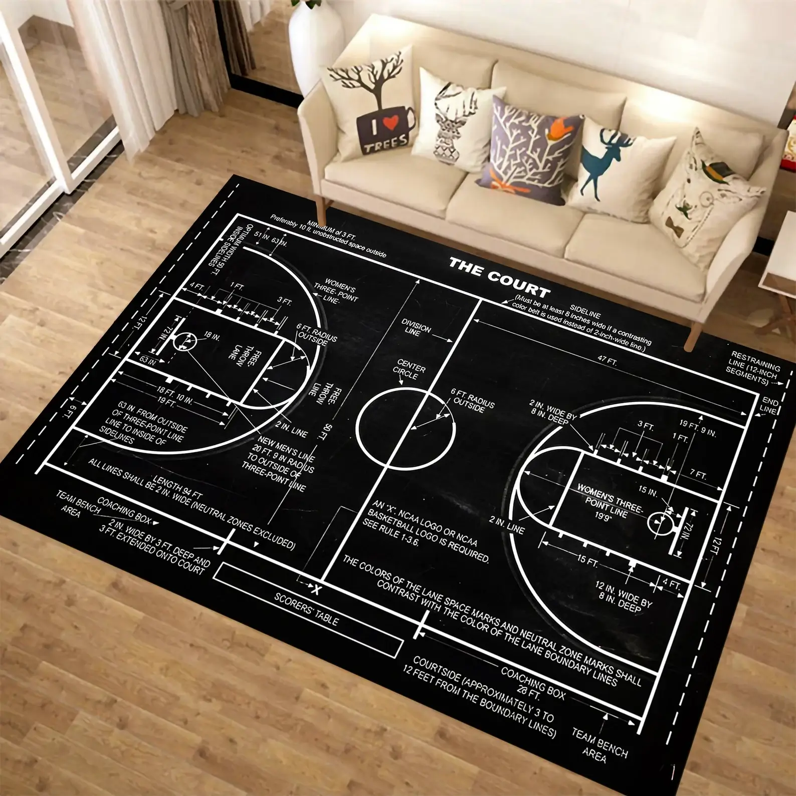 Black and white basketball court blueprint area rug with detailed court dimensions and labels, a fun addition to sporty tween boys gift ideas for a bedroom or playroom.