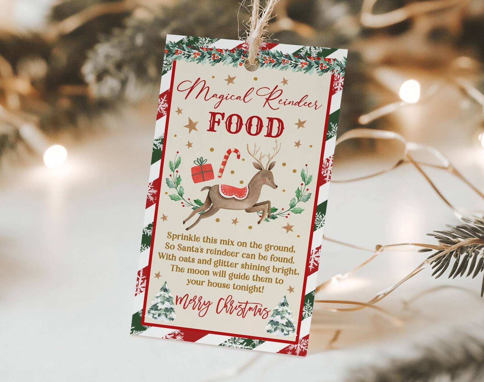 Magical Reindeer Food gift tag with candy cane, present, and reindeer illustration, a festive printable perfect for pairing with a Christmas Eve box for tweens.