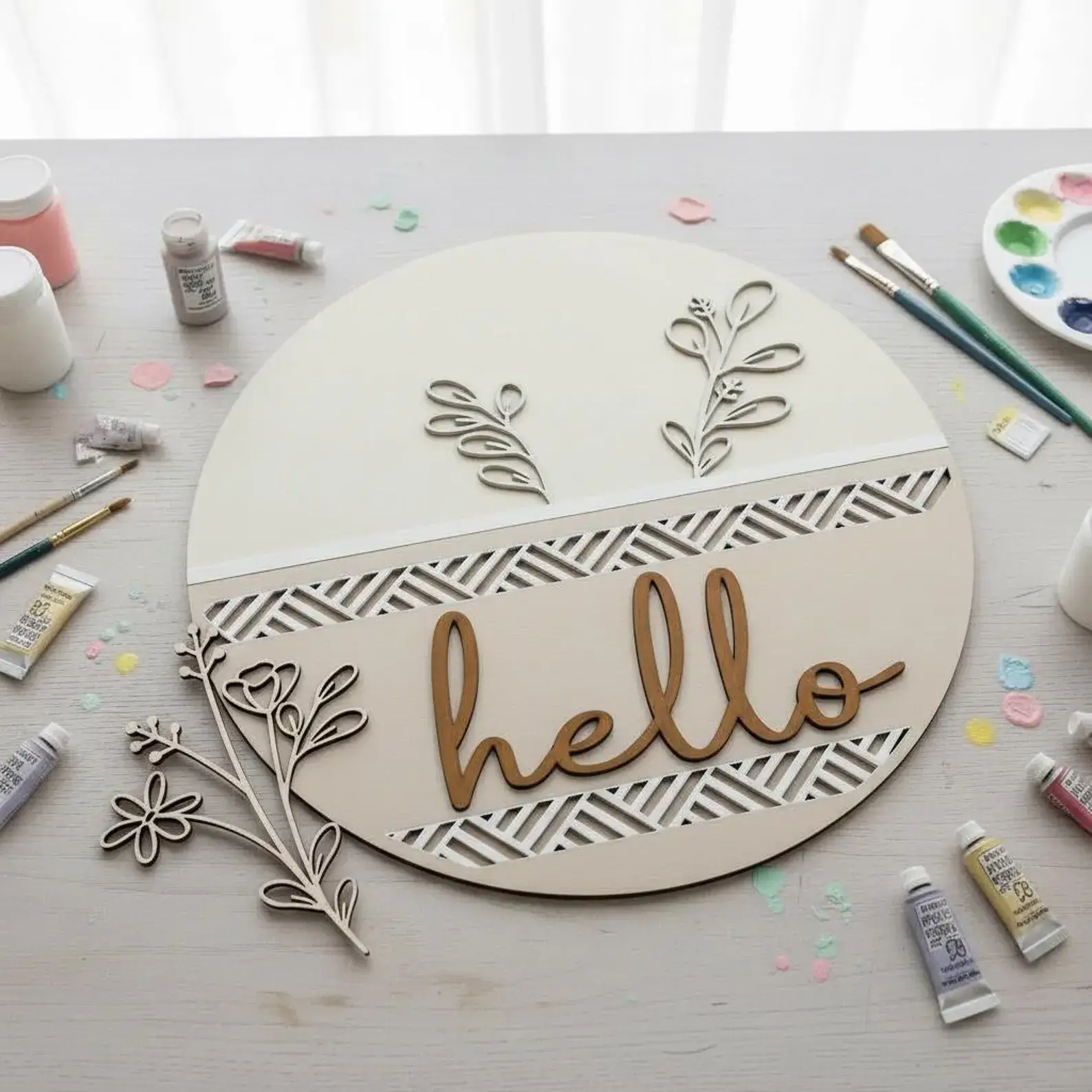 Round DIY "hello" door sign crafting kit for tweens with wooden florals, herringbone cutout design, paints, and brushes on a wooden table.