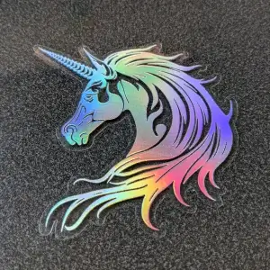 Iridescent holographic unicorn head decal with flowing rainbow mane, a magical vinyl sticker perfect for unicorn gifts for tween girls.