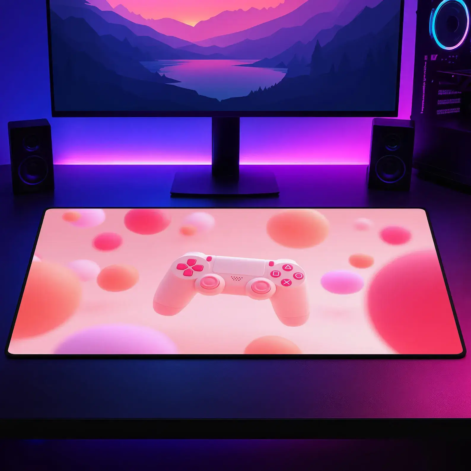 Extra-large pink desk mat with pastel gradient bubbles and game controller print, a stylish addition to gamer girl gifts for any gaming setup.
