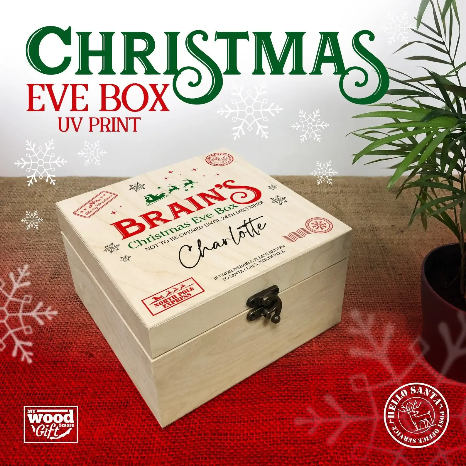 Personalized wooden Christmas Eve box for tweens with UV-printed "North Pole Express" design, brass clasp, and custom name, ready to fill with festive treats.