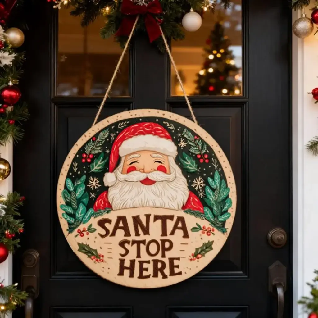 Round wooden "Santa Stop Here" door sign with hand-painted Santa face, holly, and snowflakes, hung with twine on a black front door for Christmas.